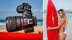 Canon EOS R5 camera with RF lens mounted on red fabric against a beach and ocean backdrop.