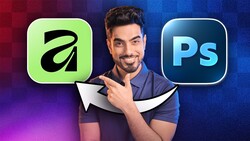 Graphic comparing Affinity Photo and Photoshop software with a man pointing between their logos.