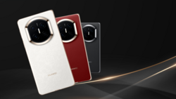 Three Huawei smartphones arranged in white, red, and black finishes, displaying prominent circular camera modules on their rear panels.