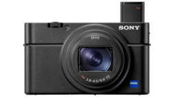 Sony RX100 VII compact camera with Zeiss lens and pop-up electronic viewfinder.