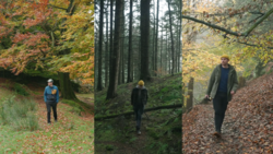 Three people hiking through autumn forests with varying terrain and lighting conditions.