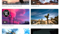 Screenshot of six video thumbnails showcasing landscape and timelapse cinematography content.