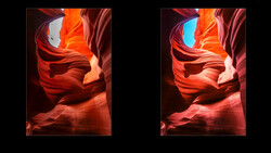 Side-by-side comparison of slot canyon images showing different color grading approaches to the same scene.