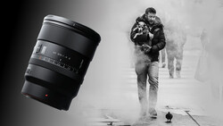 Telephoto zoom lens positioned next to black and white photograph of person jogging through misty street.