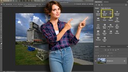 Screenshot of photo editing software showing composite image of woman pointing at industrial building by water.