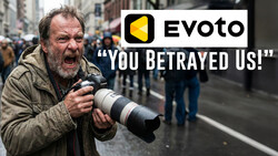 Photographer with telephoto lens expressing frustration in an urban street setting.