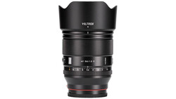 Viltrox AF 56/1.5 E prime lens with hood mounted and aperture ring visible against white background.