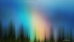 Abstract blurred landscape with vertical tree silhouettes and warm-to-cool color gradient from center outward.