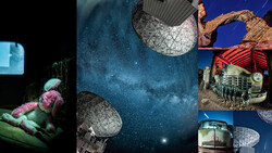 Composite image showing satellite dishes against a starry night sky and vintage trucks with red tarps in daylight.