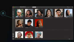 Screenshot of photo management software displaying a grid of portrait headshots with various lighting and styling.