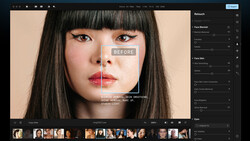 Screenshot of beauty retouching software showing before-and-after comparison of skin smoothing on a portrait.