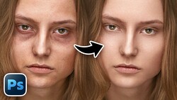 Screenshot showing before and after comparison of skin retouching in Adobe Photoshop.