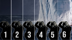 Six sequential panels showing a person in dark clothing shading their eyes while viewing a massive white cliff face and ocean.