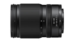 Nikon Z mount 24-105mm f/4 S telephoto zoom lens shown in profile against white background.