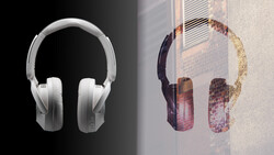 Graphic comparison of two headphone designs side by side, one solid white and one with architectural texture overlay.