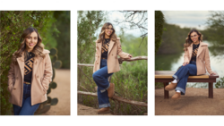 Woman in beige blazer and dark jeans poses in three outdoor locations with natural lighting.