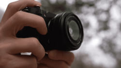 Hands holding a compact mirrorless camera with a standard zoom lens, photographing outdoors.