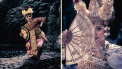 Elaborately costumed performer in ornate gold and jeweled traditional attire with towering headdress, shown in two poses against dark backdrop.