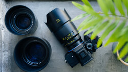 Camera body with three interchangeable lenses arranged on concrete surface next to potted plant.