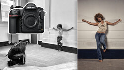 Photographer shooting portrait of jumping subject in white studio space with Nikon camera shown in inset.