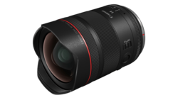 Wide-angle camera lens with black barrel and red accent ring on white background.
