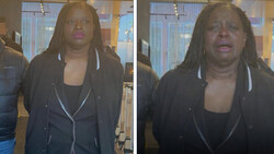 Two side-by-side portrait photographs of the same woman in professional attire against an indoor background.