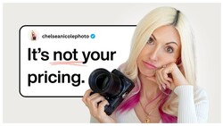 Photographer holding a mirrorless camera with an overlay quote about pricing strategy.
