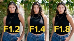 Three side-by-side portraits demonstrating aperture settings F1.2, F1.4, and F1.8 with varying depth of field.