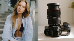 Canon DSLR camera with 24-105mm lens displayed on white surface next to portrait of woman in light blue shirt.