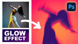 Graphic showing glow effect tutorial in Photoshop, with before and after images.