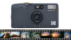 Kodak Snapic A1 compact film camera with flash and Kodak lens, shown above a film strip of landscape photographs.