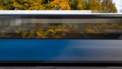 Motion-blurred blue bus passing autumn foliage with golden trees reflected in window.