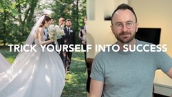 Split-screen comparison showing a bride in white dress on the left and a man in casual clothing on the right with text overlay reading "TRICK YOURSELF INTO SUCCESS."