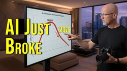 Man holding a camera pointing at a chart showing a declining red line labeled 'AI Utilization in Real Estate Photography' with 'Bubble' and '2026' marked.