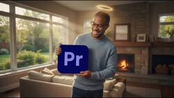 Man holding Adobe Premiere Pro logo card in a bright living room with fireplace.