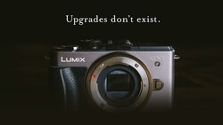 Panasonic Lumix GX1 mirrorless camera body against dark background with text overlay.