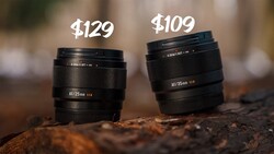 Two black camera lenses positioned on a textured surface, priced at $129 and $109 respectively.