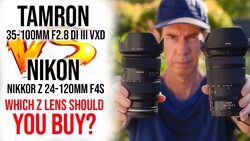 Comparison graphic showing Tamron 35-100mm F2.8 DI III VXD lens versus Nikon Nikkor Z 24-120mm F4S lens held by photographer.