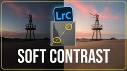 Graphic showing soft contrast adjustment in Lightroom with dual windmill silhouettes against sunset sky.