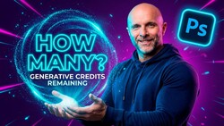Man in dark hoodie holding glowing cyan sphere with text "HOW MANY? GENERATIVE CREDITS REMAINING" against purple and magenta neon background.