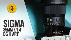 Sigma 35mm f/1.4 DG II Art lens mounted on camera body against teal background.