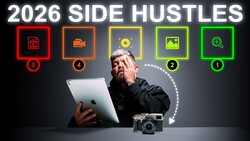 Infographic showing five side hustle categories ranked by number, with a man holding a laptop and vintage camera.