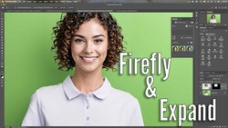 Portrait of a woman with curly brown hair smiling against a bright green background with overlaid text reading "Firefly & Expand."