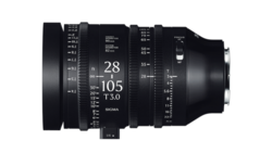 Sigma 28-105mm f/3.8-4.5 telephoto zoom lens shown in profile view against white background.