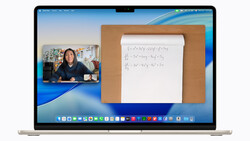 Screenshot of macOS desktop showing video call with person on left and handwritten notes on brown board on right.