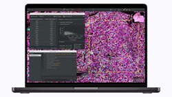 Screenshot of image processing software displaying colorful data visualization and code windows on laptop screen.