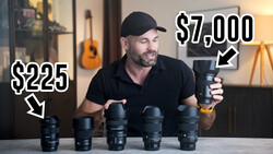 A man in a black cap and shirt displays five camera lenses arranged on a table, each labeled with prices ranging from $225 to $7,000.