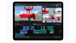 Screenshot of video editing software displaying a project with aerial footage of a person in red fabric mid-air.