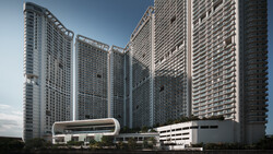 Architectural rendering of tall residential towers with curved base structures against clear blue sky.