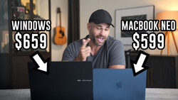 Man comparing a Windows laptop and MacBook Neo side by side, with price labels displayed.